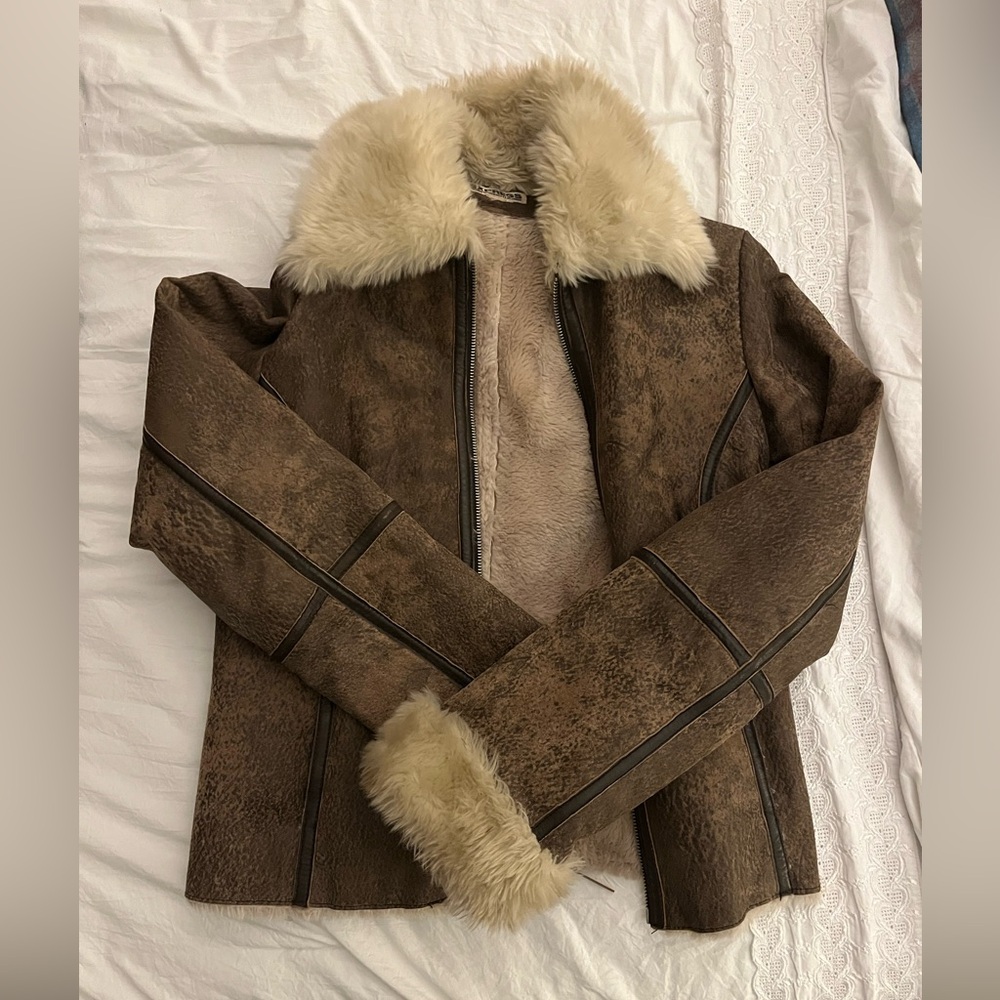 Brown Shearling Jacket with Faux Fur Collar